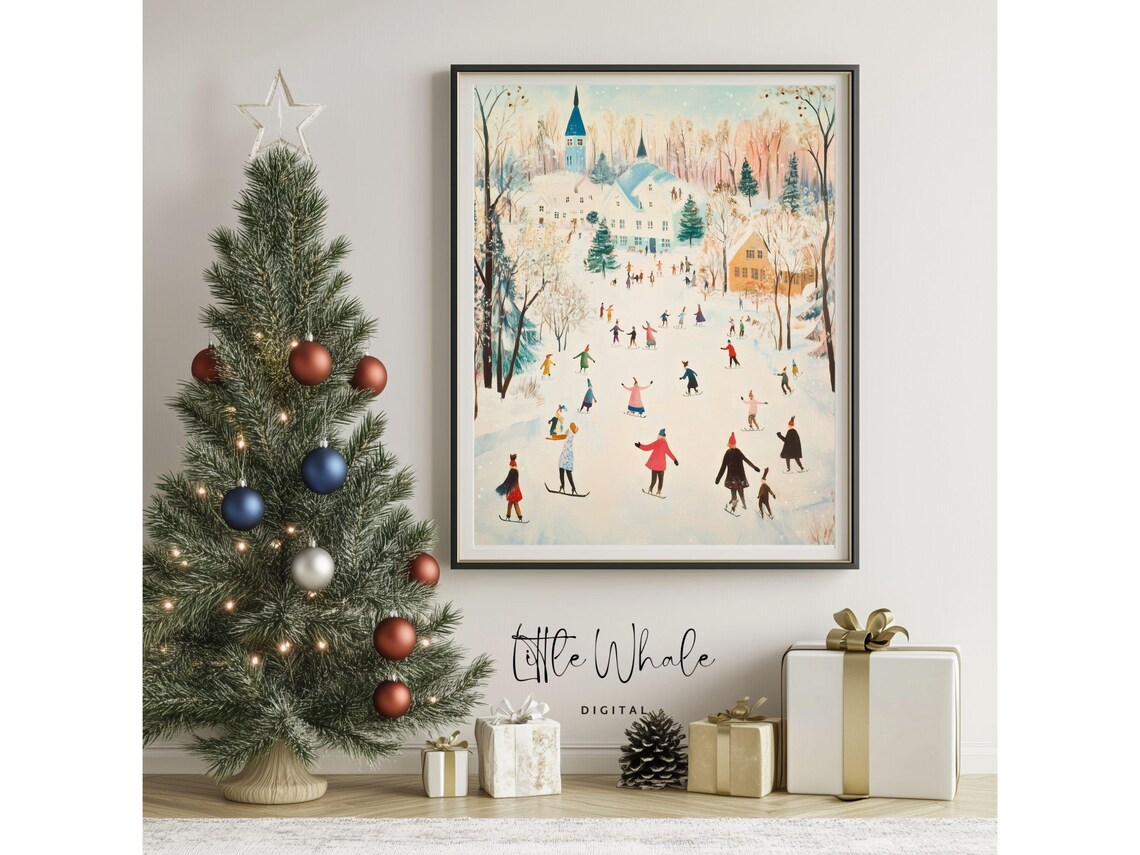 Charming Winter Ice Skaters Frozen Pond Village Vintage Poster - Image 3