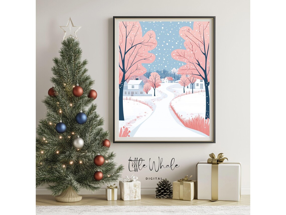 Pink And Blue Pastel Snowy Countryside Path With Houses Winter Art Poster - Image 3