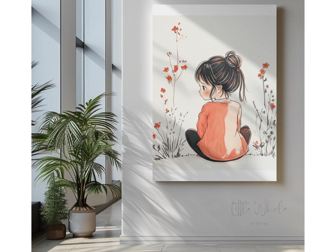 Anime Girl in Orange Sweater Sitting Among Red Flowers Art Print - Image 2