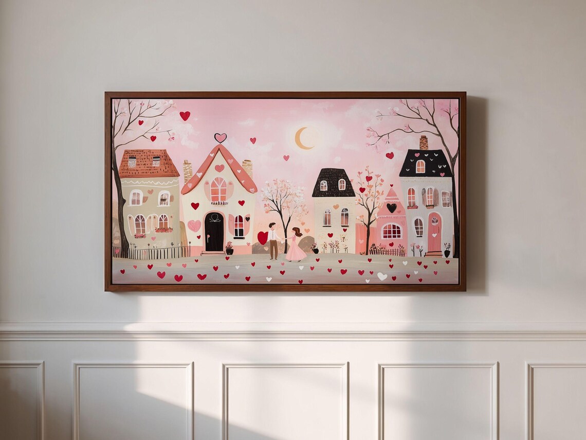 Valentine's Village at Dusk Couple Under Crescent Moon Hearts Poster - Image 2