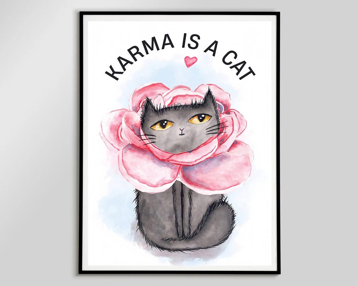 Karma Is A Cat Black Cat Pink Rose Collar Watercolor Pet Poster - Image 2