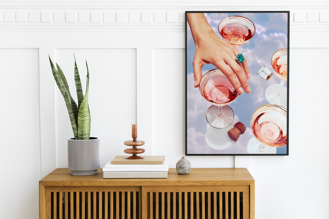 Pink Cocktail Coupe Glasses Emerald Ring Preppy Bar Cart Poster - Image 2