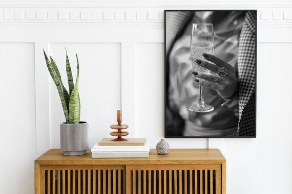 Black And White Woman Champagne Flute Elegant Photo Print Art