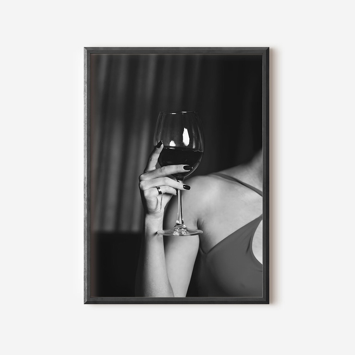 Woman Holding Wine Glass Black And White Moody Bar Cart Photo Print