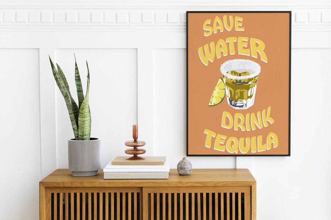 Save Water Drink Tequila Retro Orange Bar Sign Cocktail Poster - Image 2