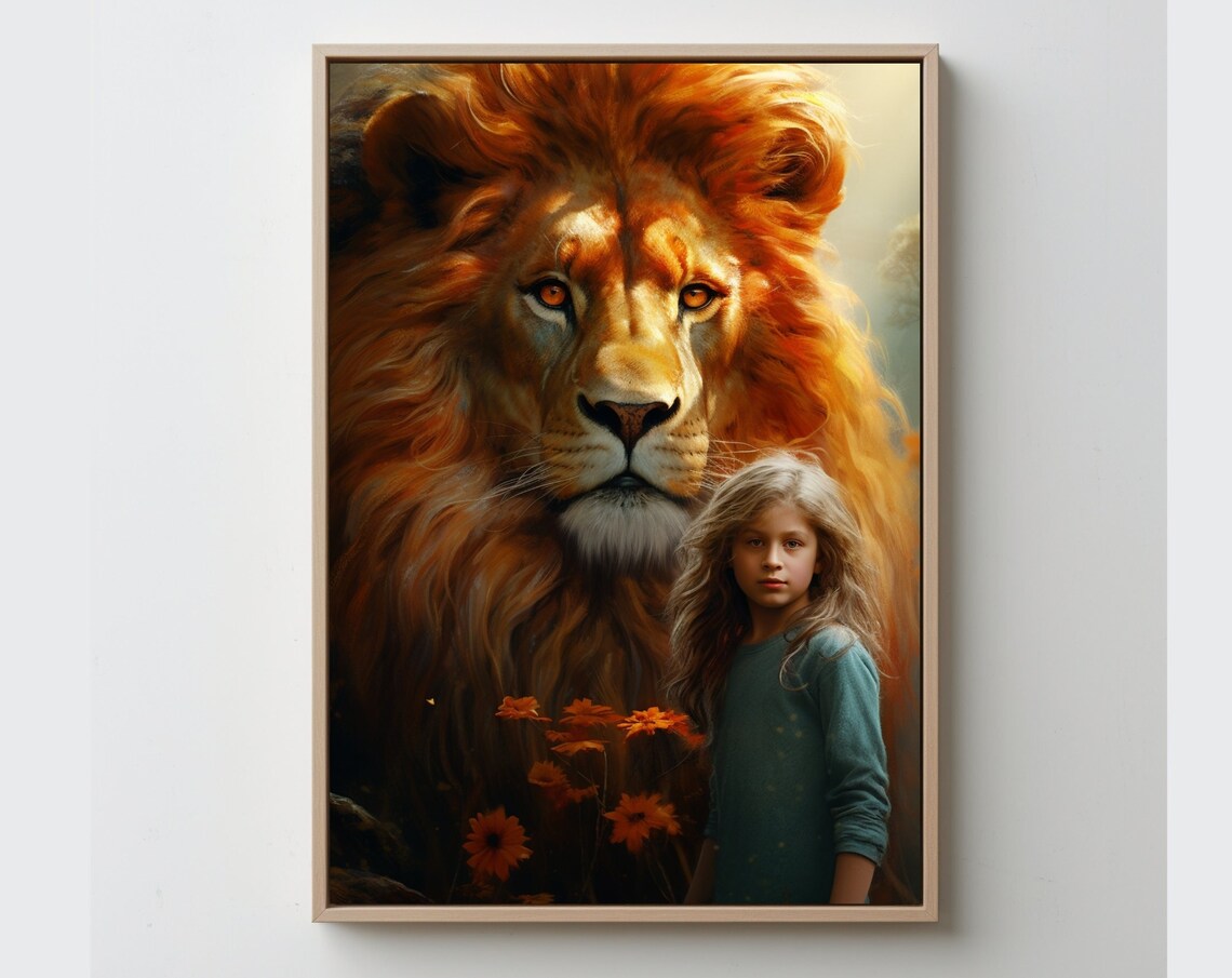 Majestic Golden Lion and Young Girl Warm Tonal Wildlife Art Poster