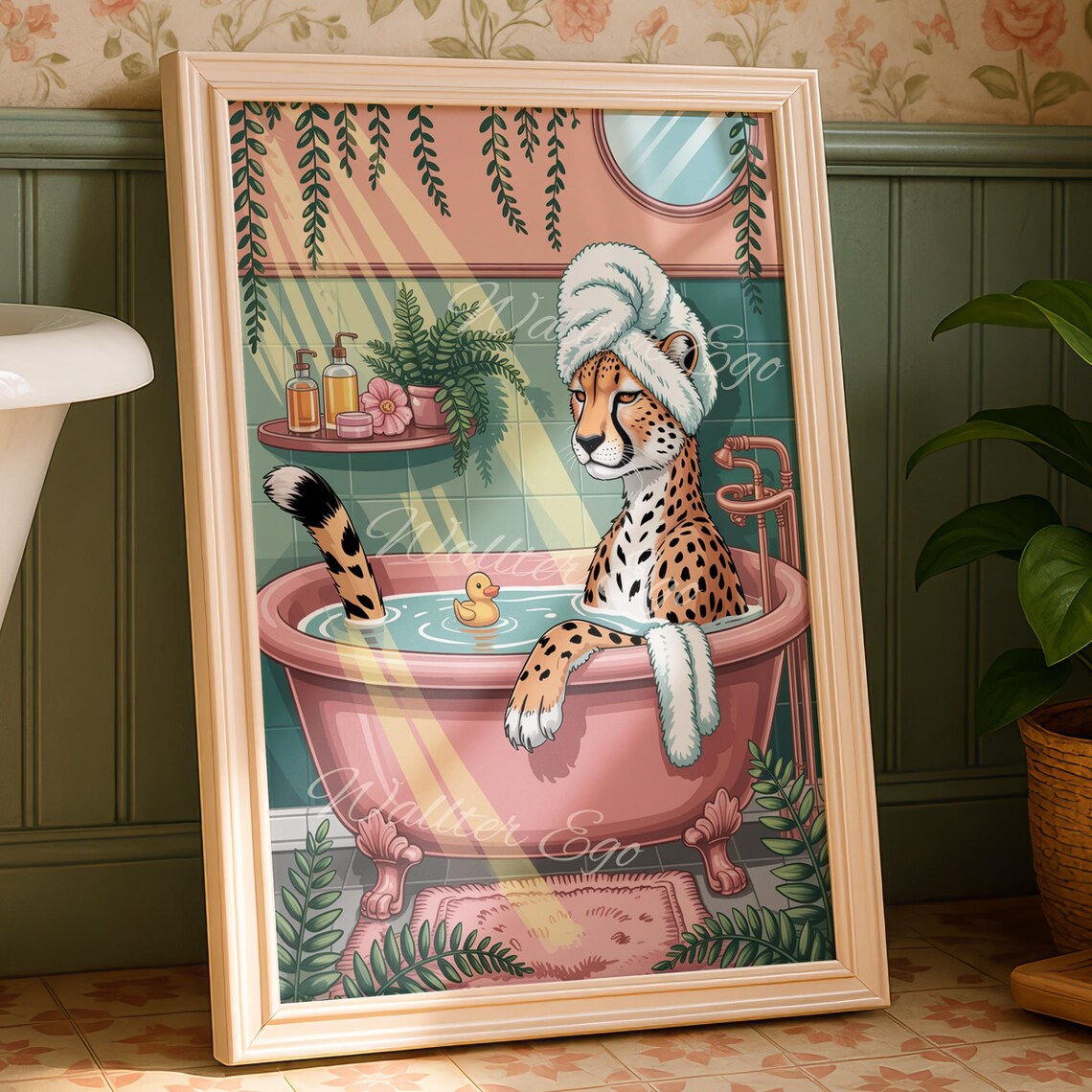 Sassy Cheetah Taking A Bubble Bath Funny Animal Bathroom Poster