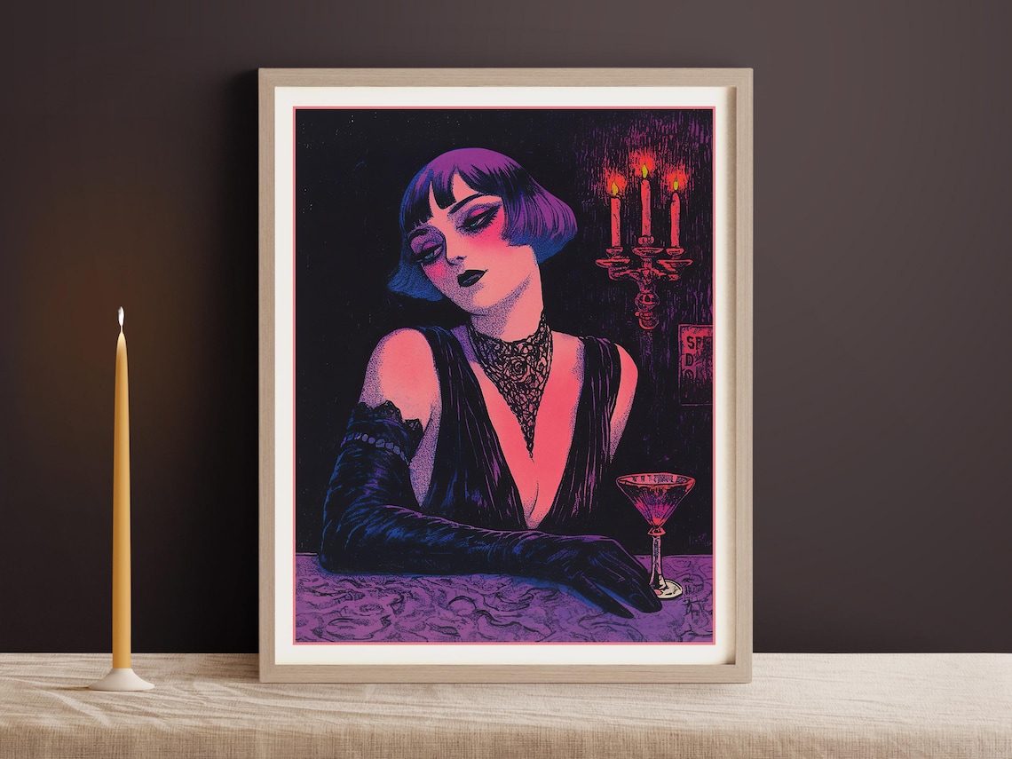 Retro Woodblock Woman at the Bar, Noir Art Print - Image 2