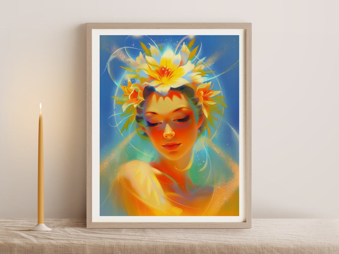 Spring Goddess Portrait Wearing a Yellow Lily Crown Ethereal Poster - Image 2