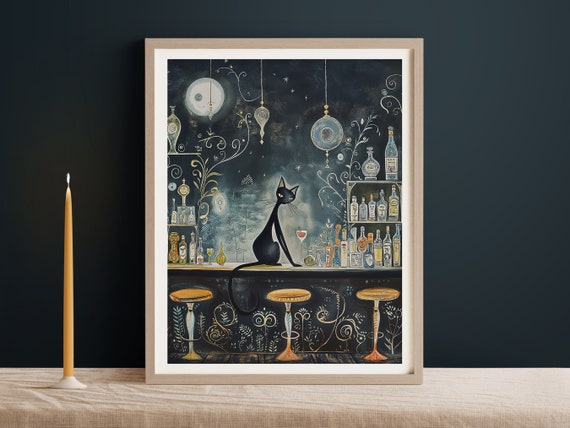 Black Cat In A Bar, Vintage Art Nouveau Print