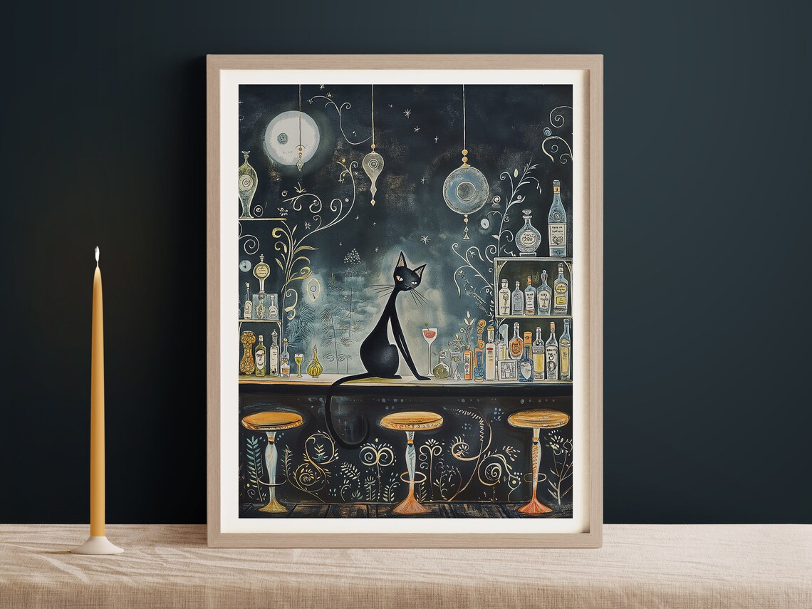 Black Cat In A Bar, Vintage Art Nouveau Print
