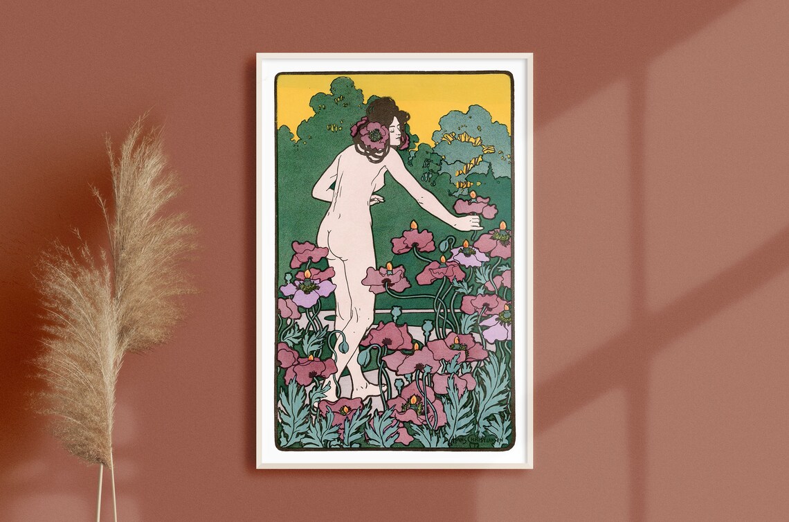 Woman Gathering Pink Poppies Art Nouveau Woodblock Floral Poster
