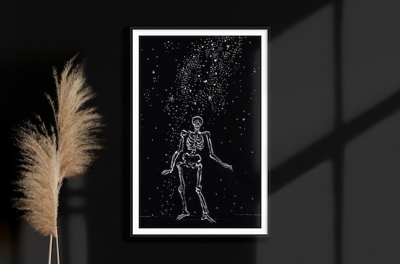 Lonely Skeleton Under a Starry Night Sky White on Black Poster
