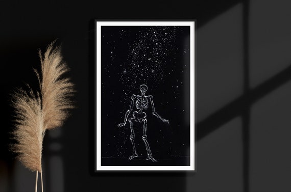 Vintage Skeleton Under A Starry Night Fine Art Print Black And White Gothic Art Skull Art Esoteric Decor 4 Sizes