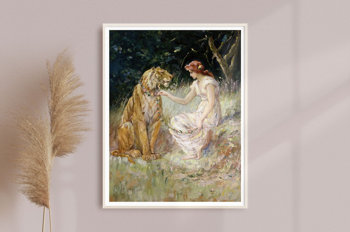 Vintage Woman With Tiger, Retro Floral Art Print