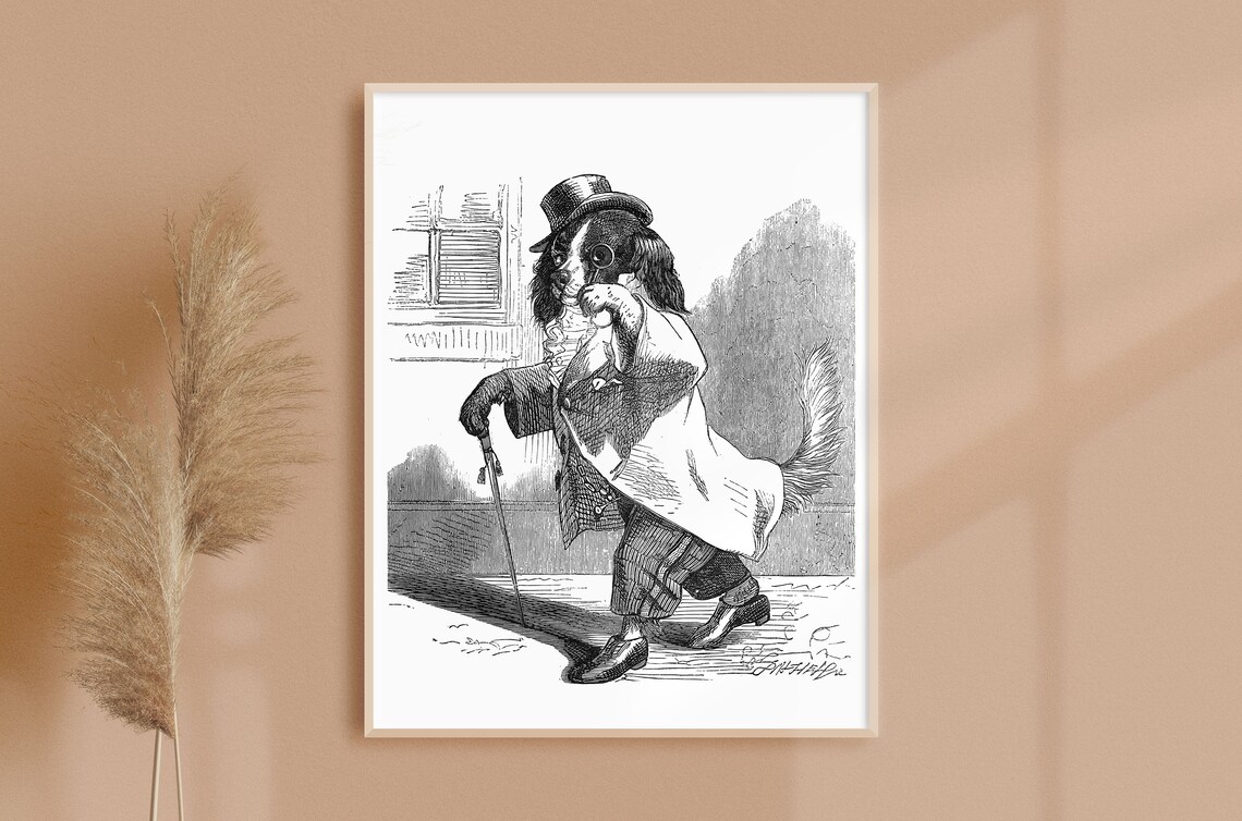 Dapper Dog in a Top Hat With a Cane Vintage Engraving Art Poster