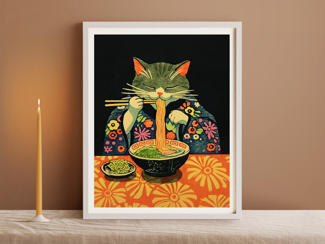 Retro Woodblock Cat Eating Ramen Cute Art Print - Image 2