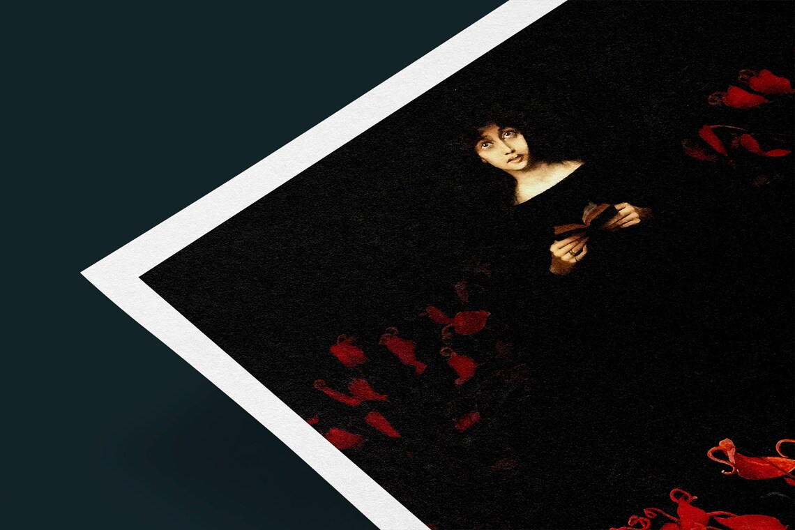 Woman With a Book Among Glowing Red Flowers Dark Gothic Poster - Image 2