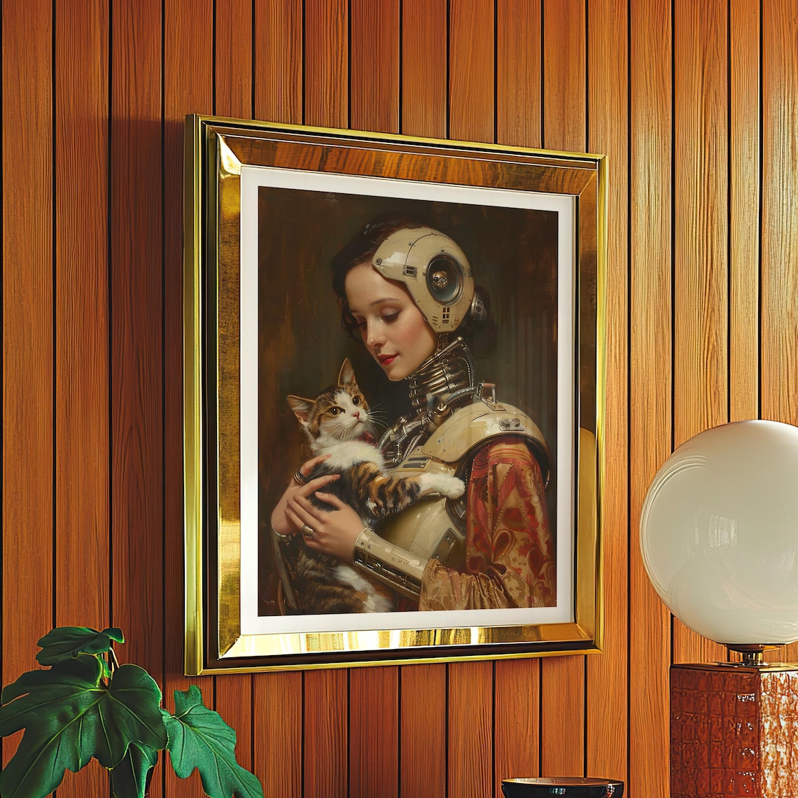 Vintage Steampunk Robot Woman Holding Cat Art Print