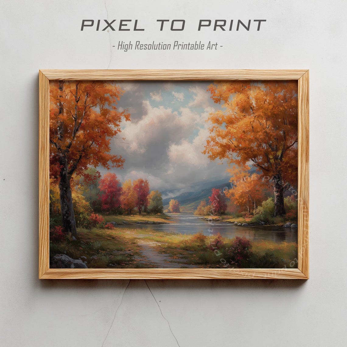 Vintage Autumn River Painting Red Orange Fall Trees Landscape Poster