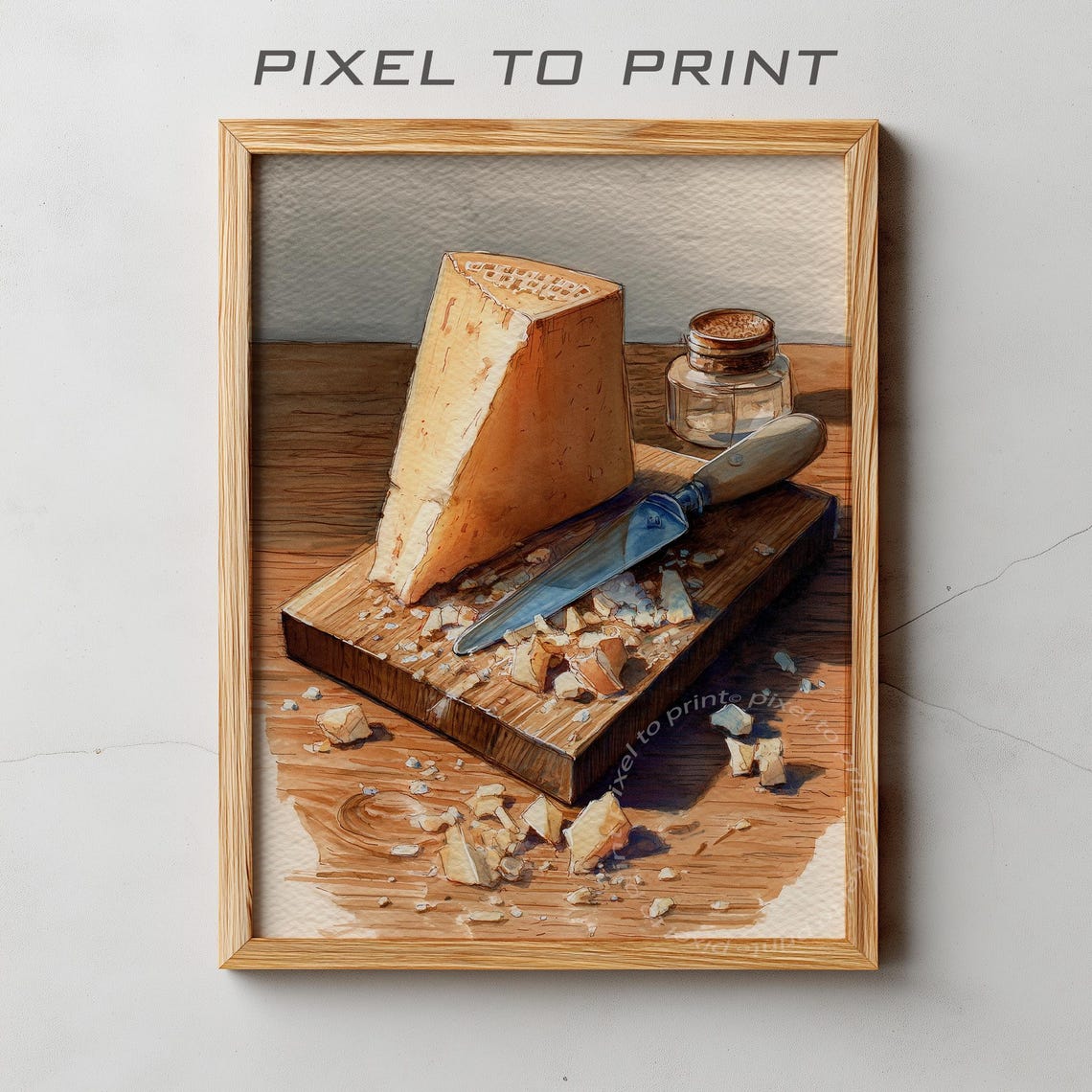 Watercolor Parmesan Wedge On Cutting Board Kitchen Still Life Poster