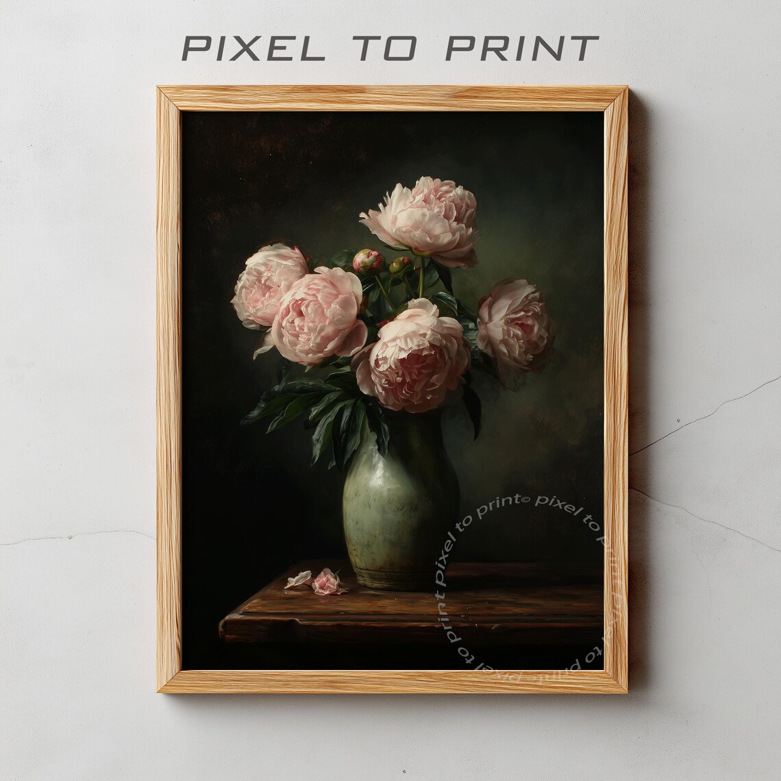Blush Peonies in Green Vase Dark Moody Still Life Painting Poster
