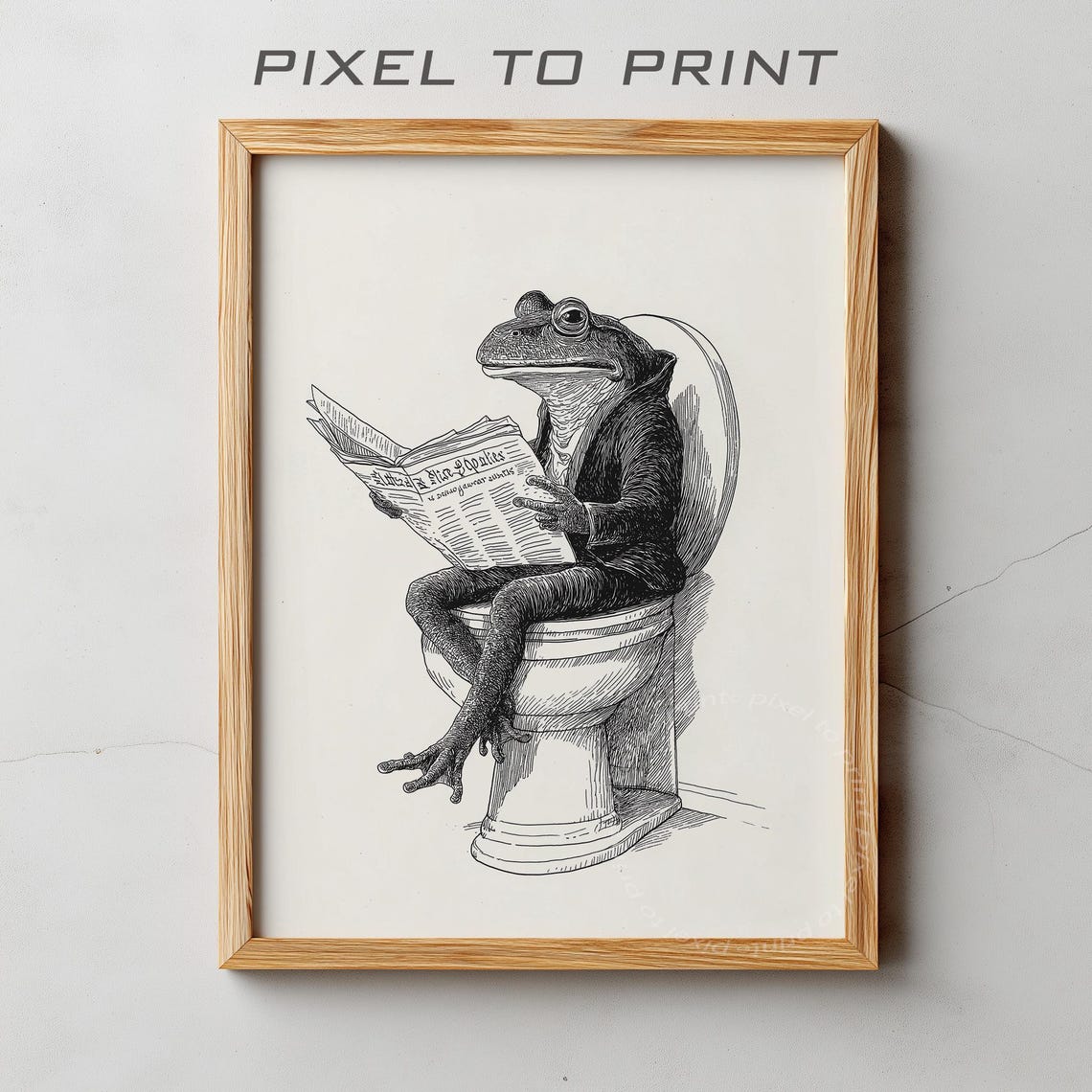 Frog Reading Newspaper On Toilet Vintage Engraving Funny Poster