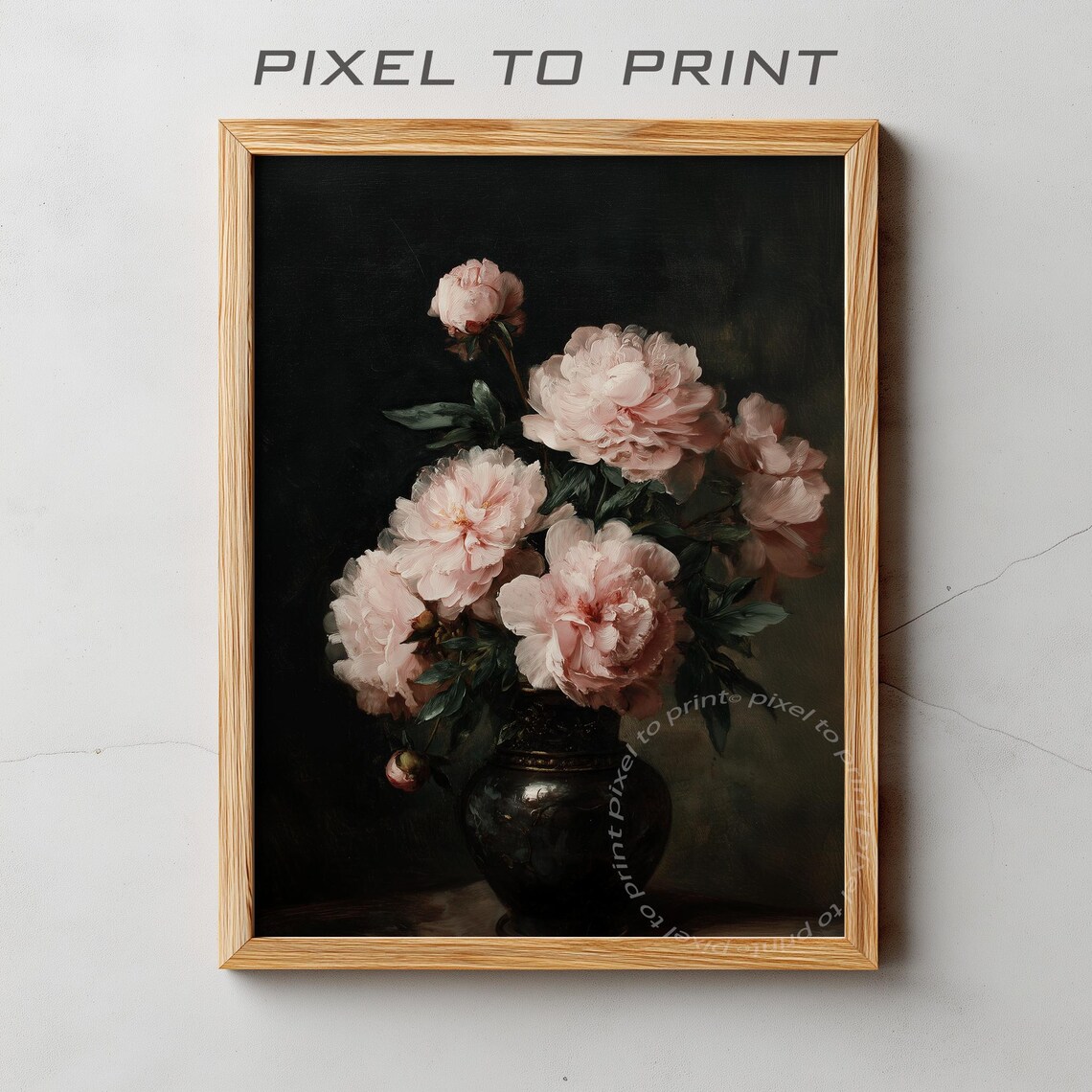 Dark Moody Pink Peonies Vase Still Life Oil Painting Poster Floral