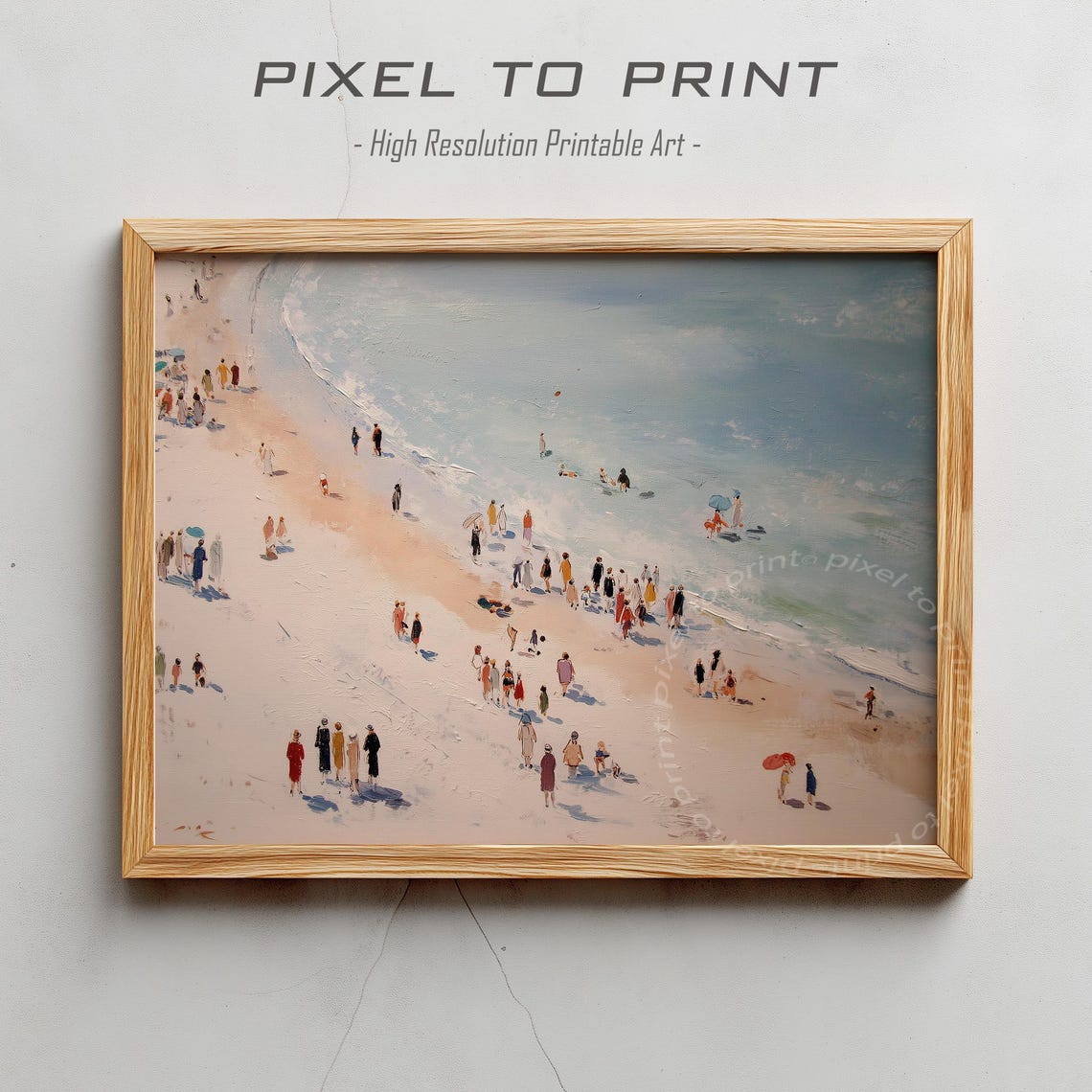 Preppy Beach Crowd Aerial View Soft Pastel Oil Painting Poster