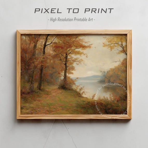 Vintage Autumn Lake Landscape Fall Forest Wall Art Muted Rustic Farmhouse Decor