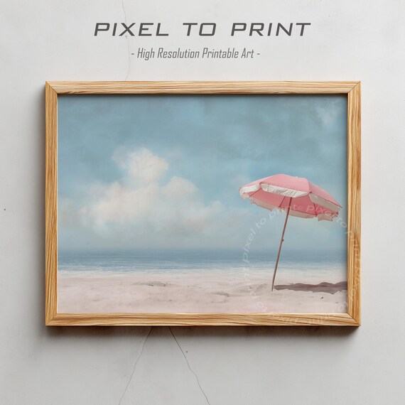 Pink Parasol on Empty Beach Watercolor Coastal Poster Serene