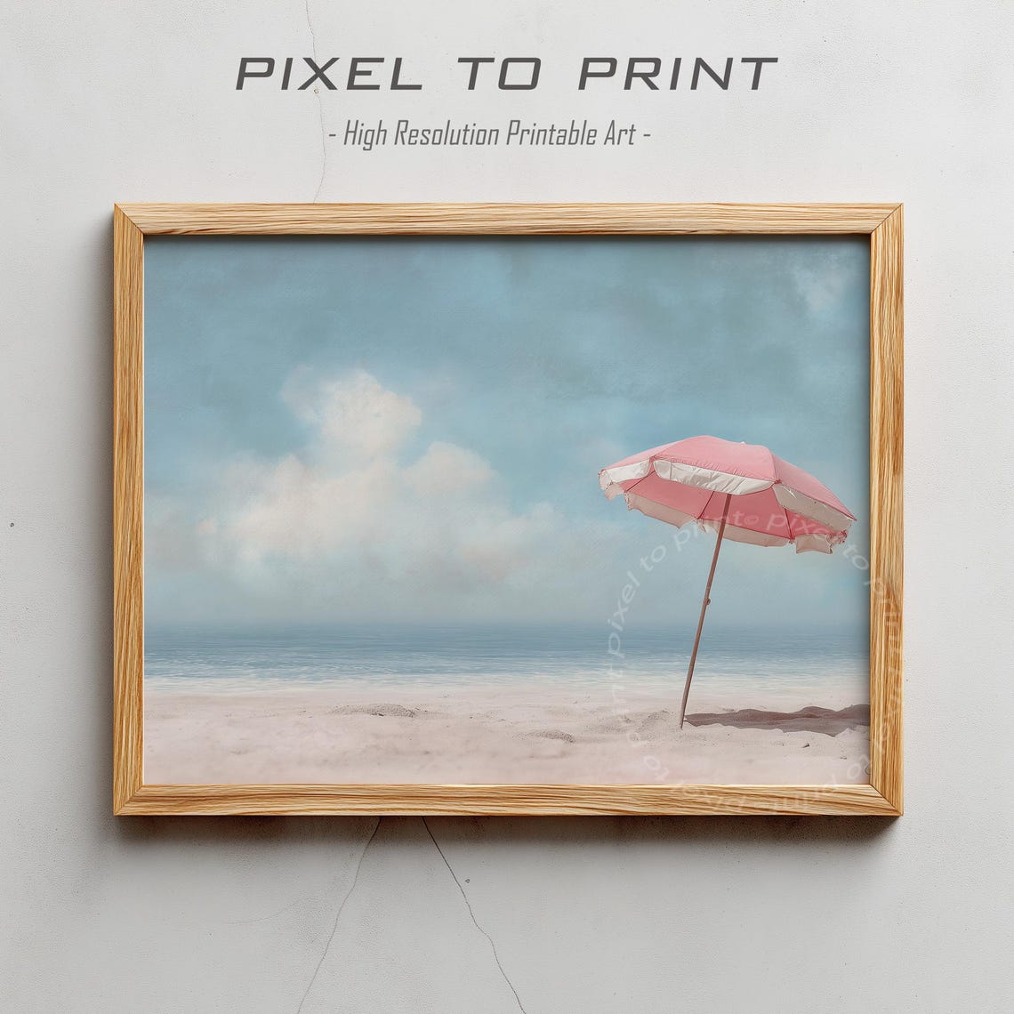 Pink Parasol on Empty Beach Watercolor Coastal Poster Serene