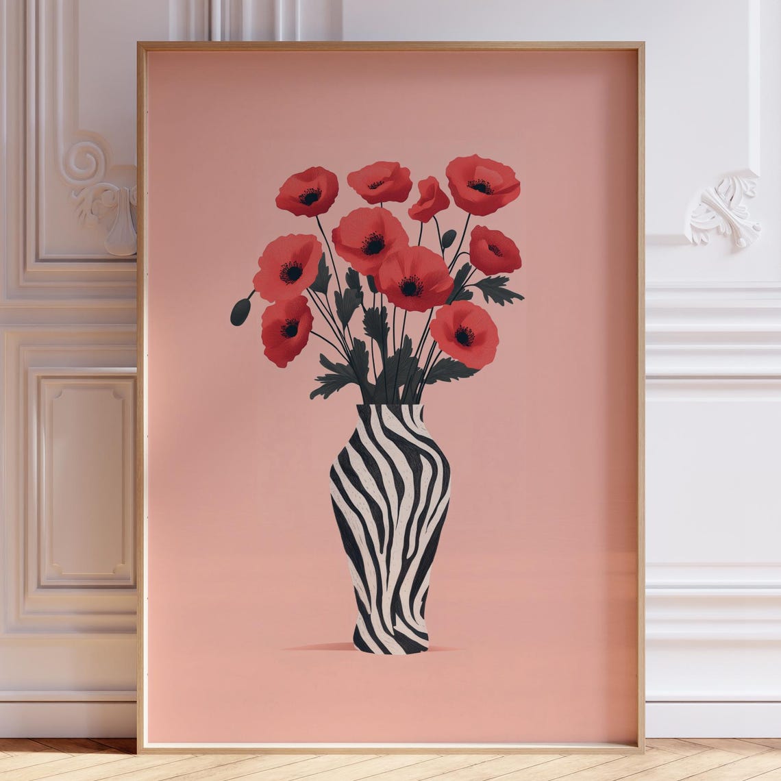 Red Poppies In Zebra Striped Vase Botanical Illustration Peach Poster