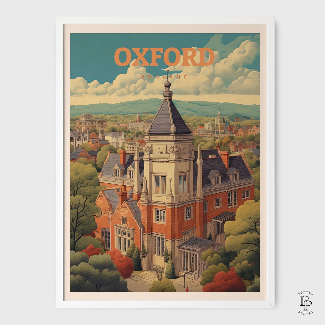 Oxford England Historic College Clock Tower City Skyline Travel Poster - Image 2