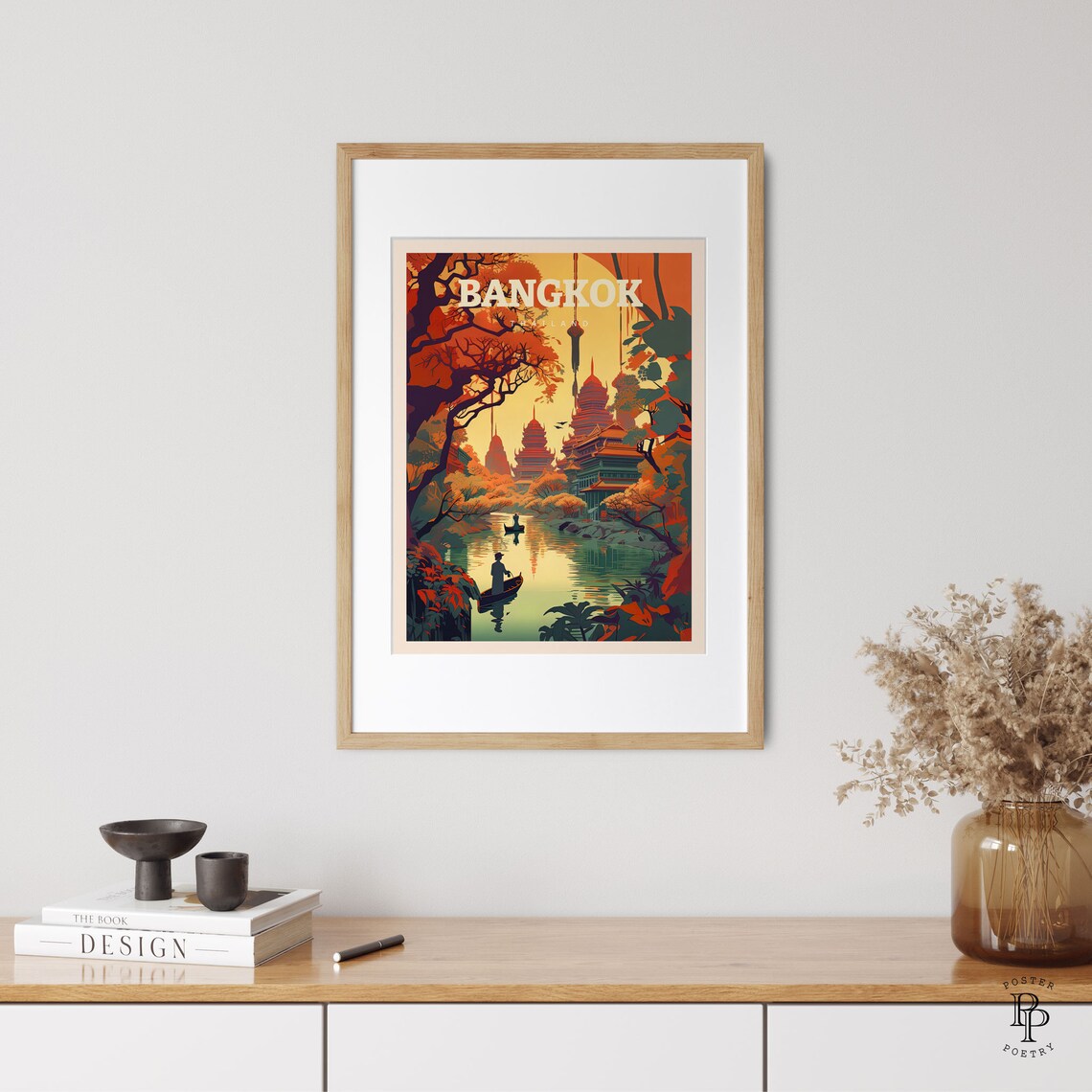 Bangkok Thailand Golden Sunset Temple River Boats Lantern View Poster - Image 3