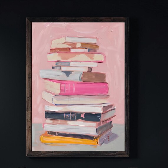 Colorful Stack Of Books Painterly Pink Background Art Poster
