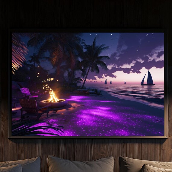 Magical Bioluminescent Beach With Fire Pit And Sailboats Enchanting Tropical Night Scene Wall Art Ocean Glow Decor