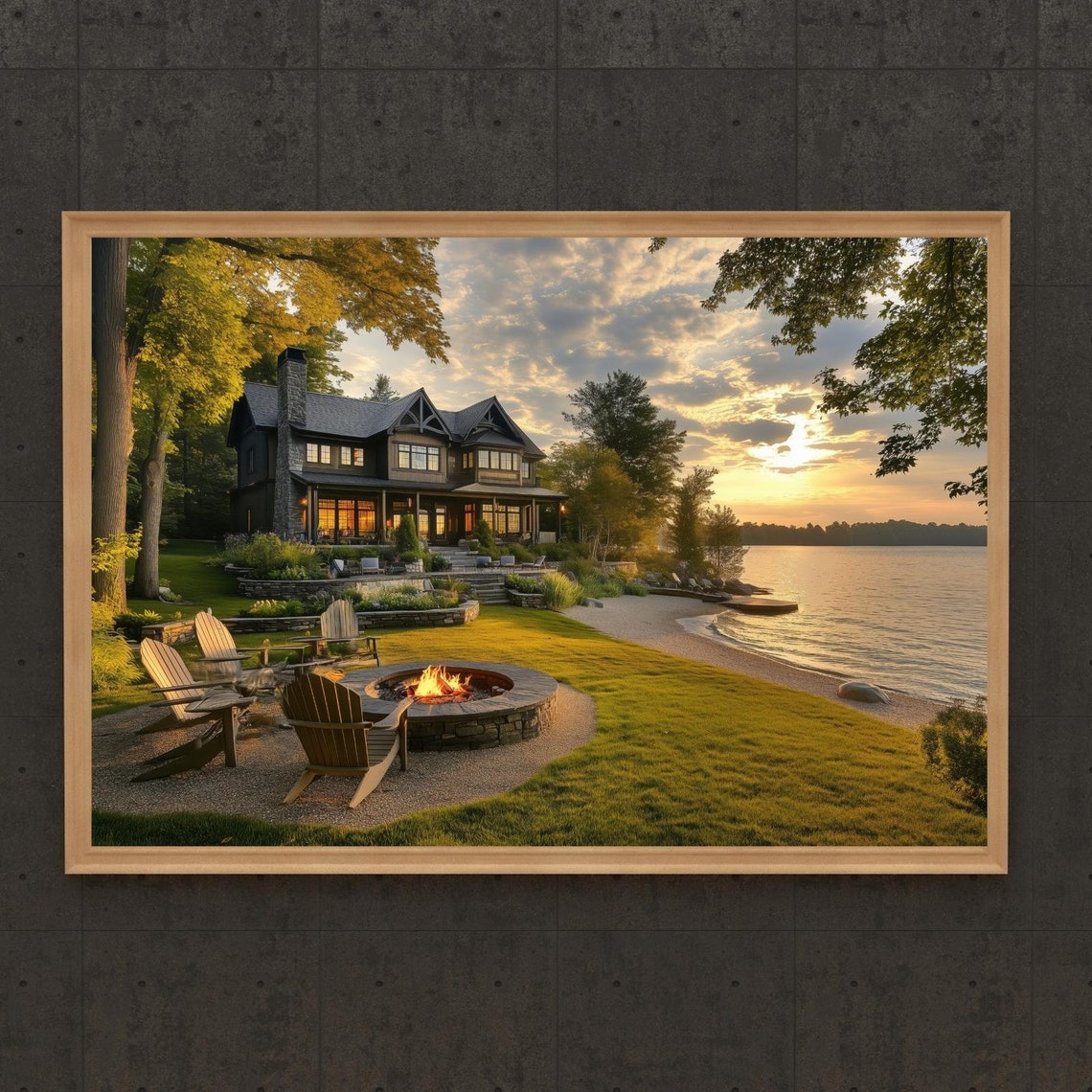 Tranquil Lakefront Cottage Art Sunset Fire Pit Beach Chairs Poster