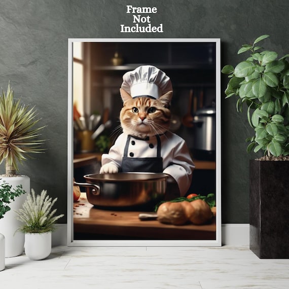 Whimsical Cat Chef Poster Cute Kitchen Art Print Lover Gift Culinary Wall Funny Decor Mom
