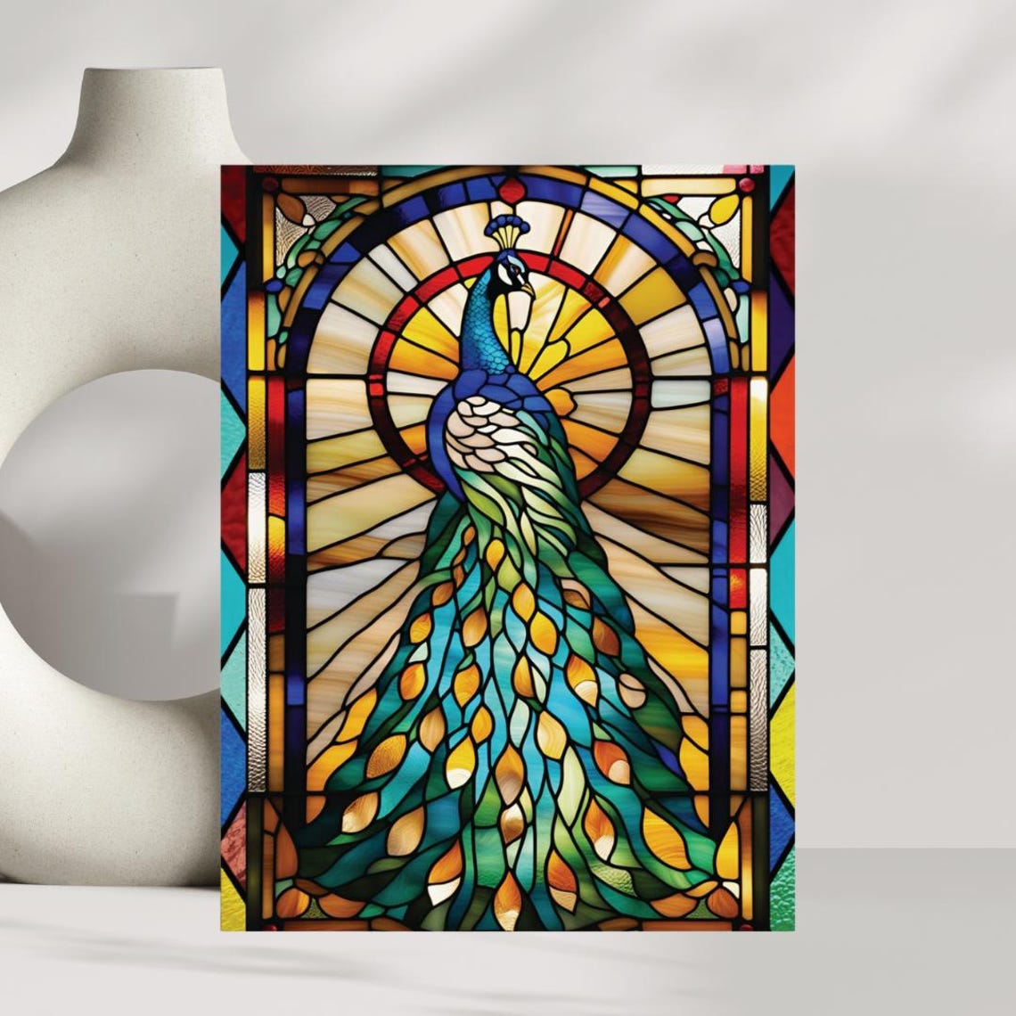 Stained Glass Peacock Colorful Elegant Bird Window Art Poster