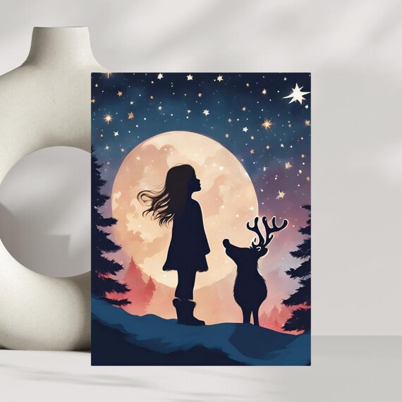 Christmas Girl Reindeer Giant Glowing Moon Winter Night Art Poster
