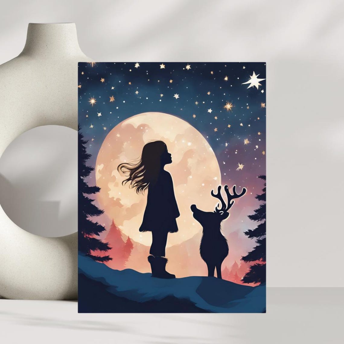 Christmas Girl Reindeer Giant Glowing Moon Winter Night Art Poster