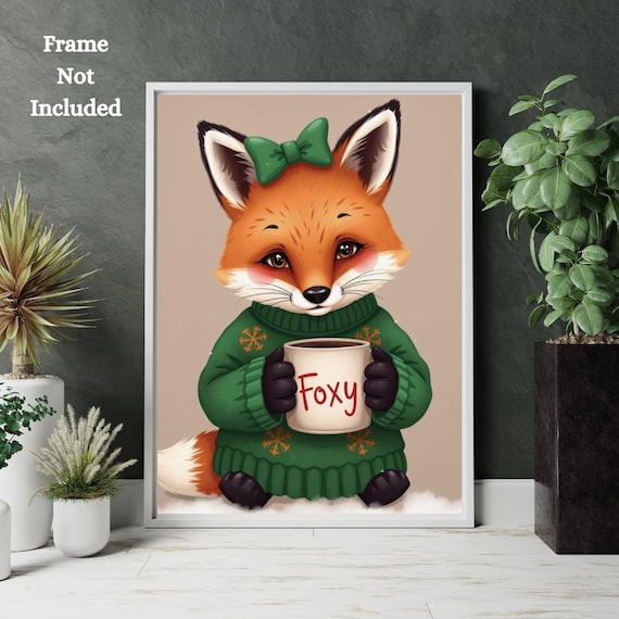 Cute Whimsical Fox Green Sweater Foxy Mug Christmas Art Poster