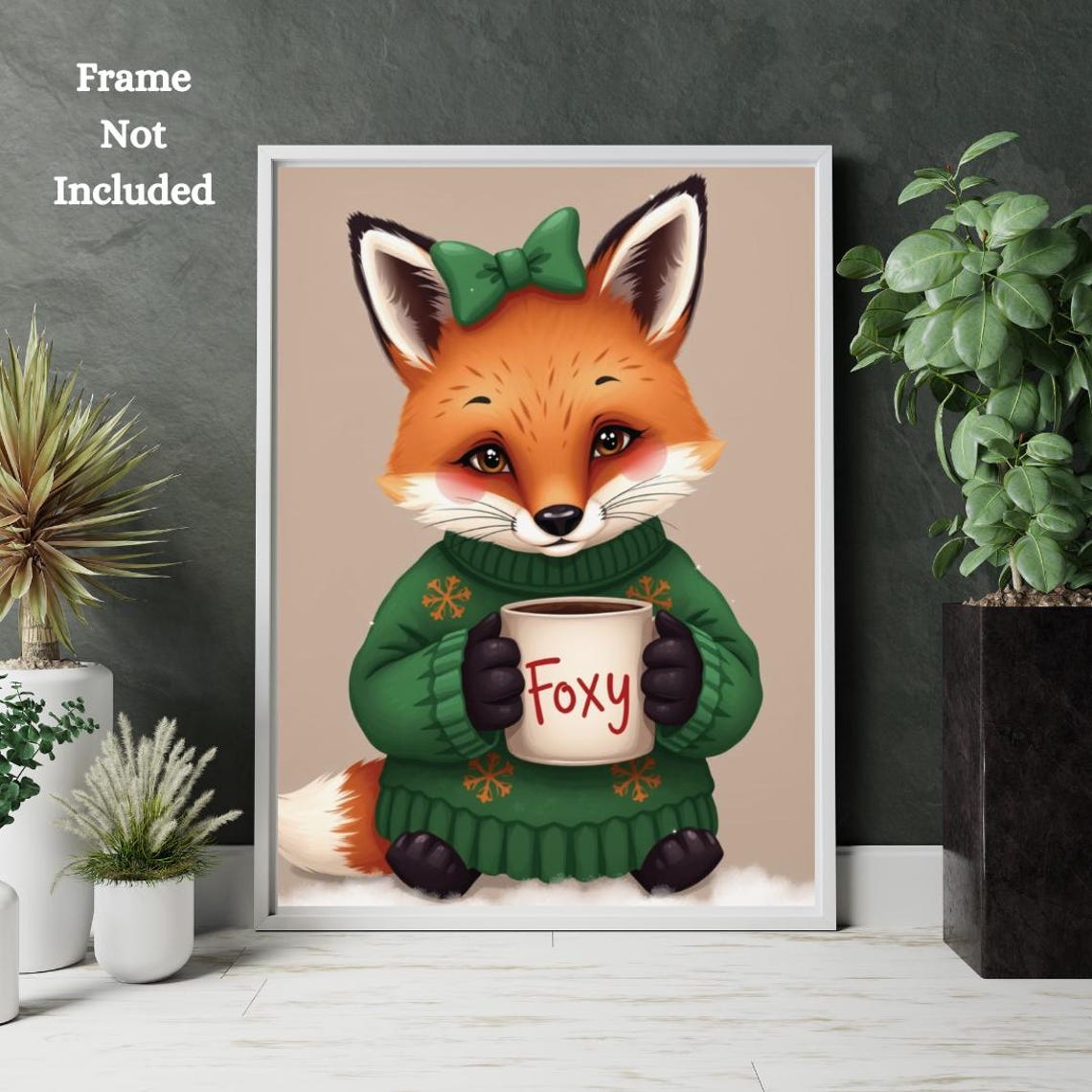 Cute Whimsical Fox Green Sweater Foxy Mug Christmas Art Poster