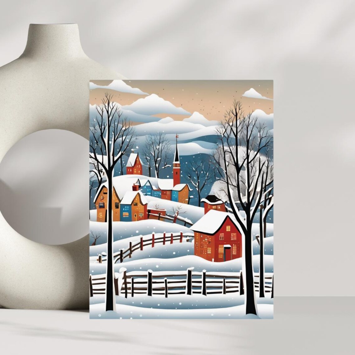 Folk Art Winter Village Red Houses Snowy Church Scene Poster