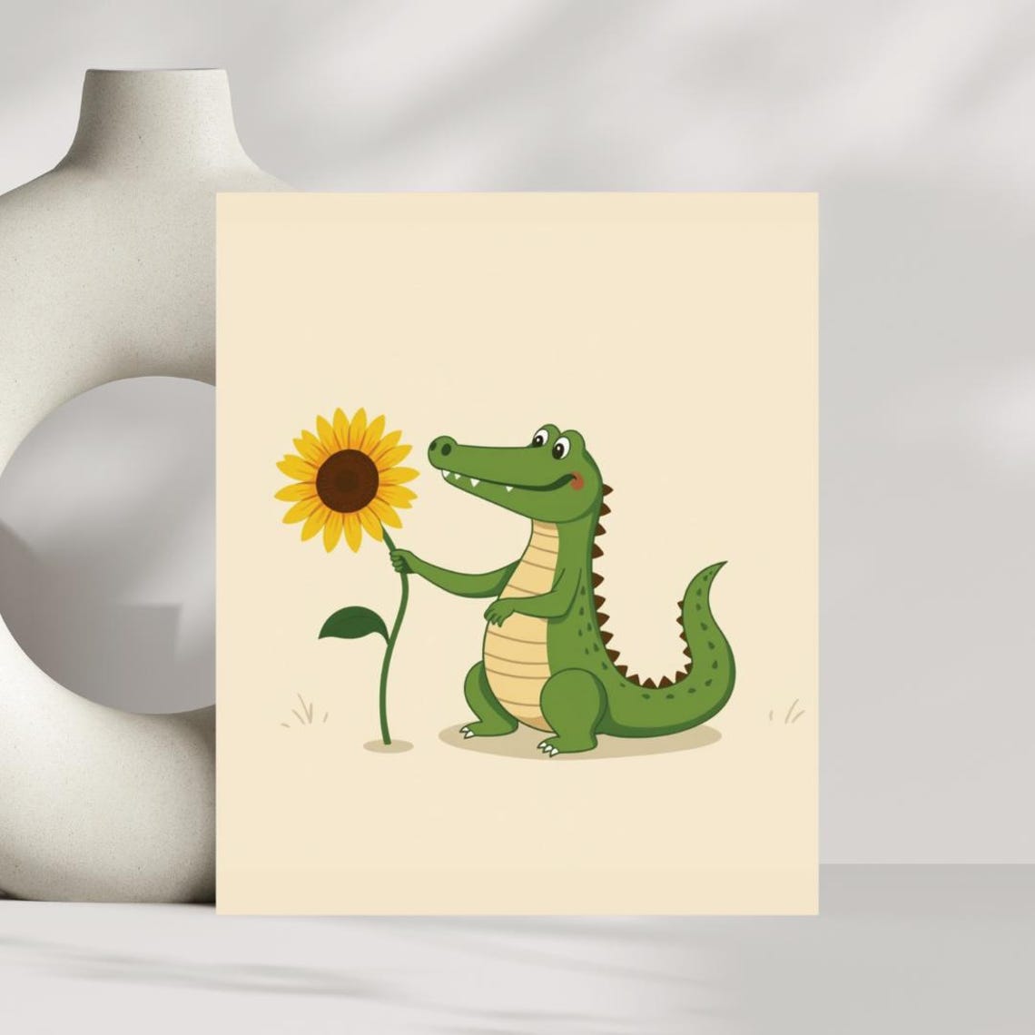 Cute Alligator Holding Yellow Sunflower Cartoon Nursery Art Poster