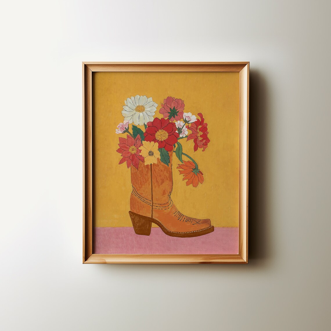 Cowgirl Boot Wildflowers Mustard Western Boho Floral Art Poster