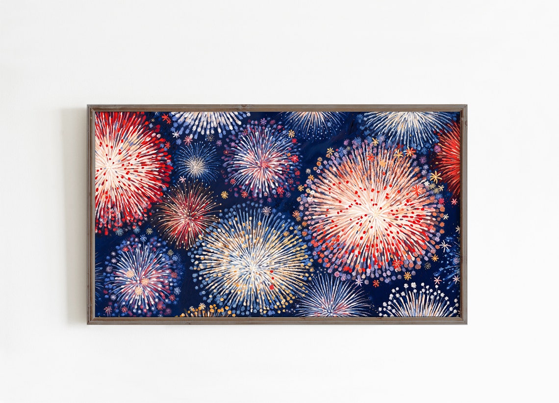 Abstract Fireworks Painting Red White Blue Night Celebration Poster - Image 3