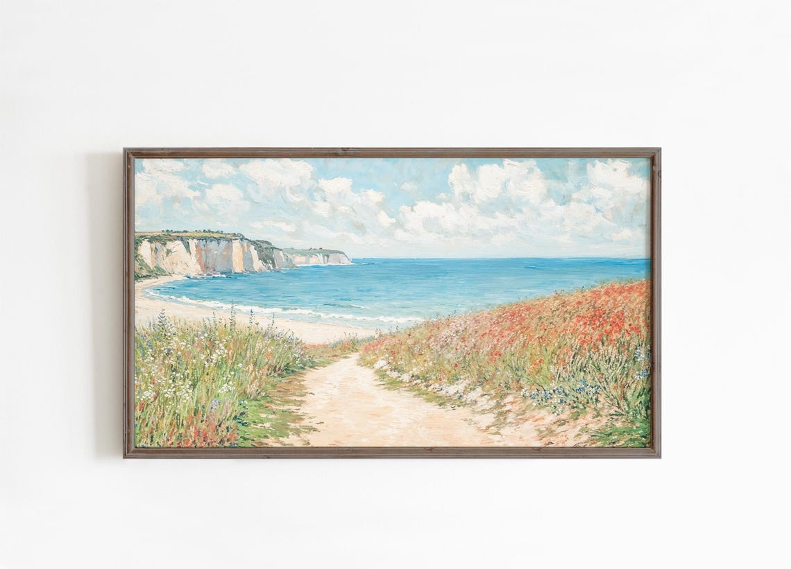 Coastal Path Wildflowers White Chalk Cliffs Blue Sea Painting Poster - Image 4