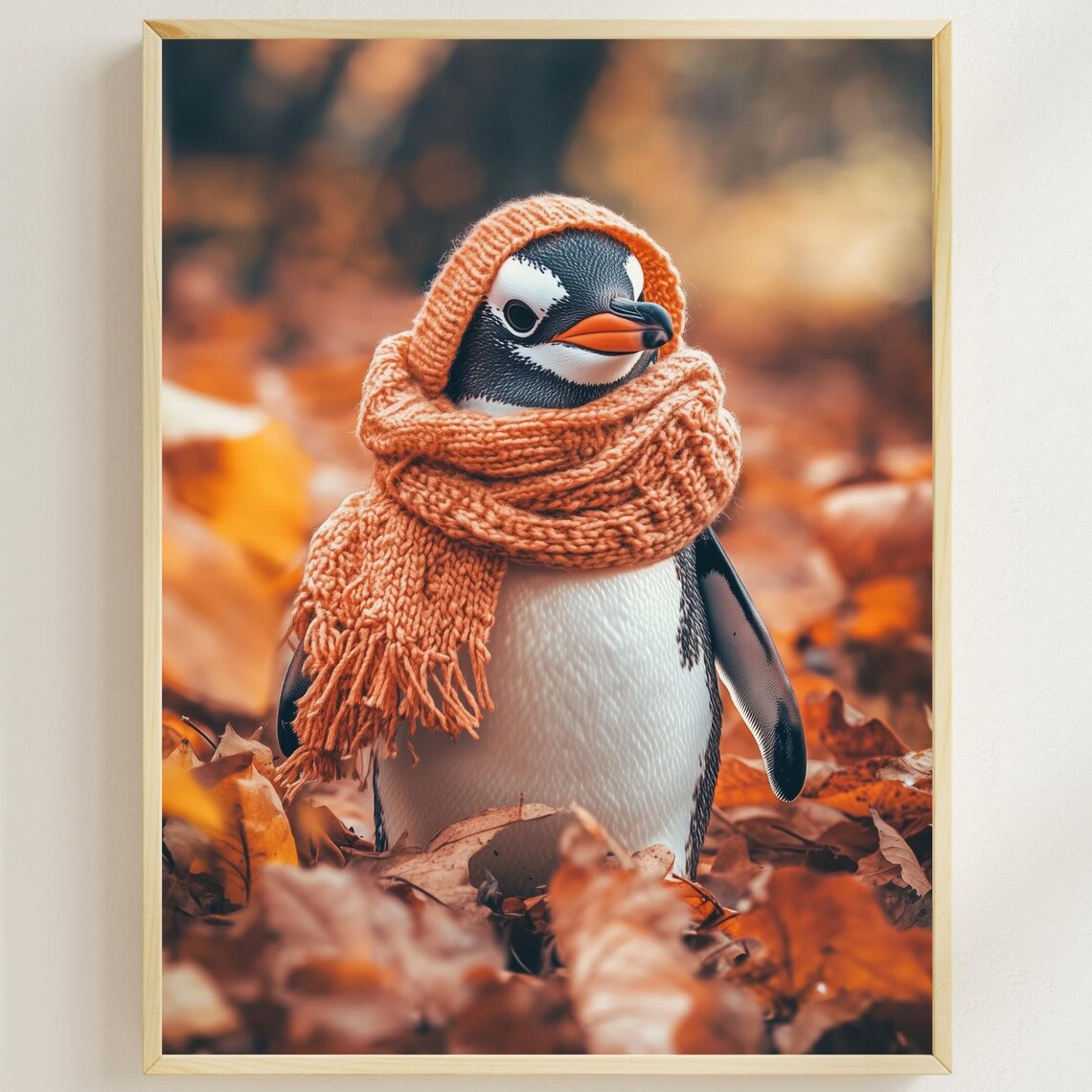 Penguin in a Knit Scarf and Hood Among Autumn Leaves Fall Poster